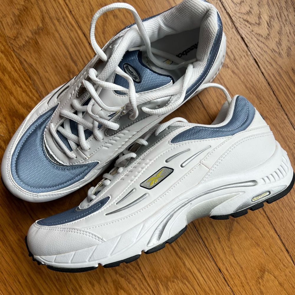 Reebok White and Blue Retro Sneakers with Cushioned Midsole